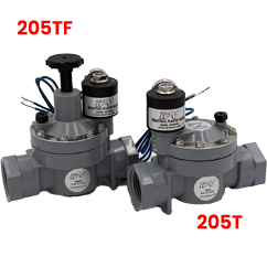 Pair of gray industrial valve assemblies with black actuators and blue wiring; red '206TF' labels near each valve.