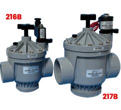 Two gray industrial valve assemblies with electric actuators on top, mounted on flanged ends against a blue background.