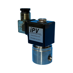 Blue industrial valve/pressure switch with silver mounting block and IPV label.