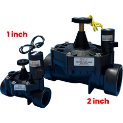 Two blue industrial valves with wheel handles and actuators, labeled '1 inch' and '2 inch' in red to indicate sizes.