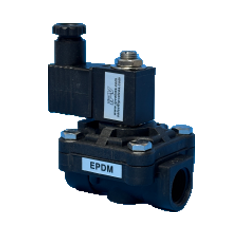 Small blue and black solenoid valve with an electrical coil on top and an EPDM label on the body.