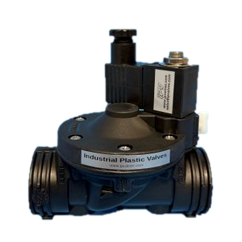 Industrial plastic valve with an electric actuator mounted on top, labeled 'Industrial Plastic Valve'.