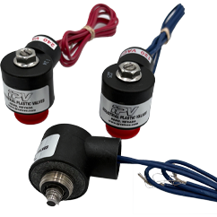 Three black electrical sensors/connectors with red and blue wires; two cylindrical units and a right‑angle sensor with a metal threaded tip.