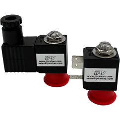 Pair of black electrical relays with red mounting feet and silver terminal screws mounted side by side.