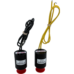 Two small cylindrical sensors with red bases and black tops, each with a cord (black or yellow) attached.