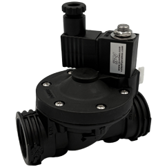Three-way solenoid valve with an electric actuator mounted on top; black inline valve with three threaded ports for hoses